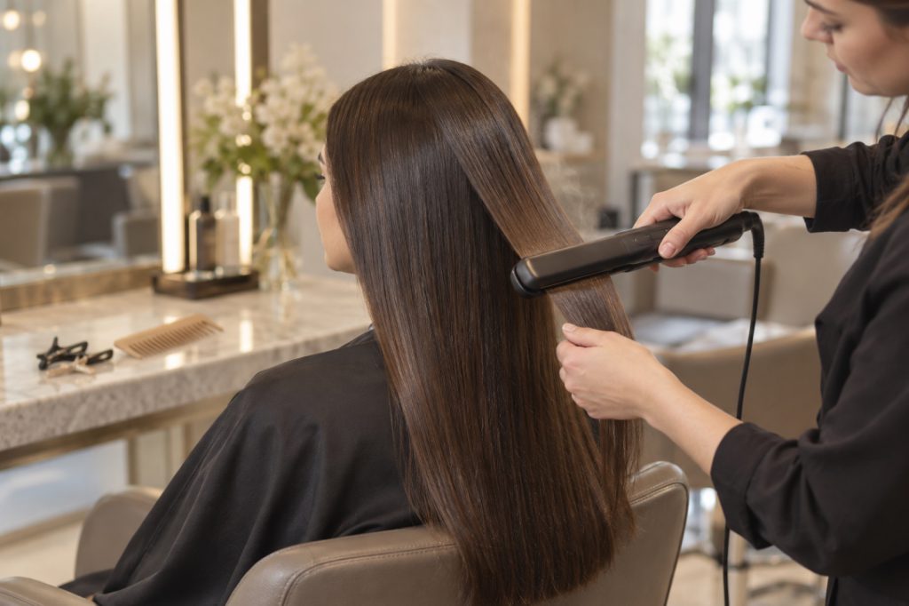 Keratin bakımı sonrası saç düzleştirilirken — Kuaféra, Gebze