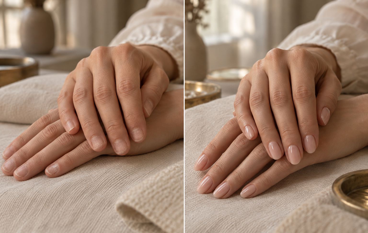 Uygulama öncesinde kısa ve düzensiz tırnaklar, sonrasında şekillendirilmiş jel tırnaklar — Kuaféra, Gebze